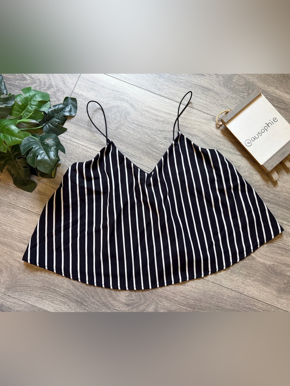 Papermoon Black and White Striped V-Neck Spaghetti Strap Flowy Camisole. Size L